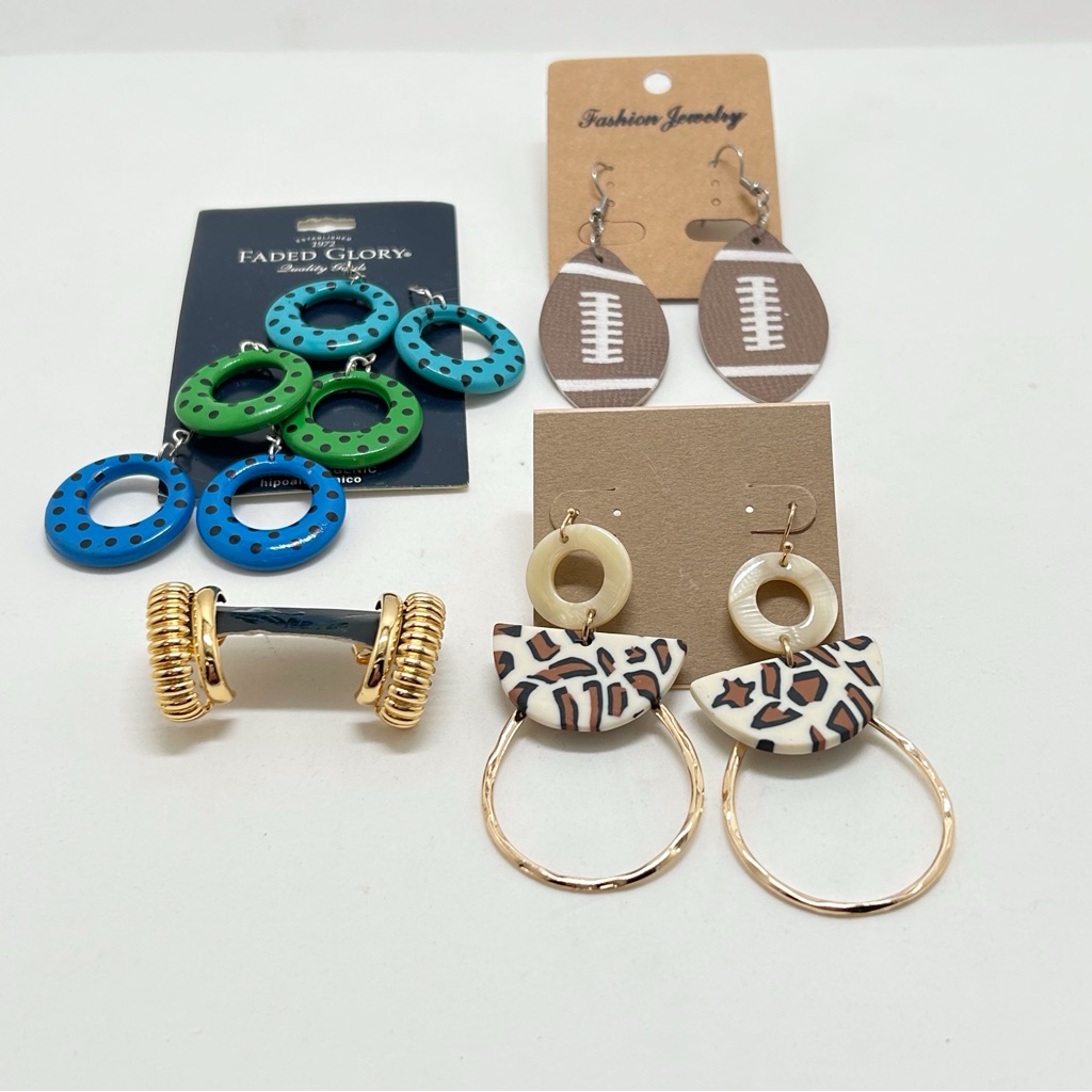 6 Pairs Pierced Earrings, Noc, Gold, Lucite, Leather, Wires, Studs, Blue, Green